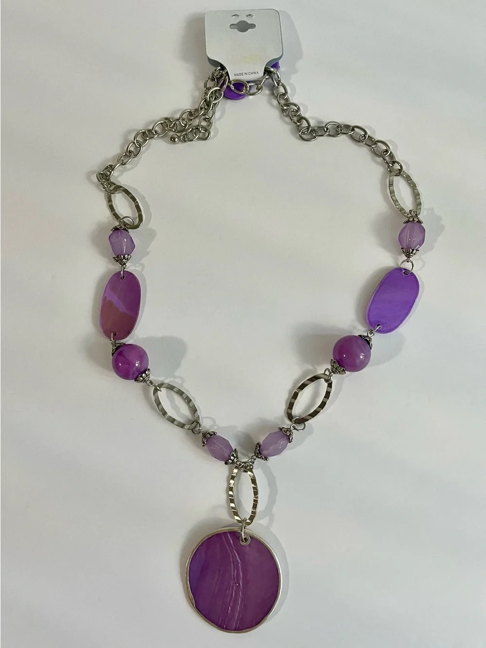 Purple Statement Necklace & Earrings Set | Silver Tone | Beaded Pendant